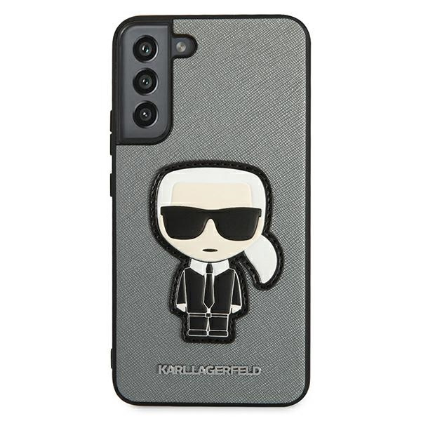 Hülle KARL Hülle Samsung Galaxy S22 Plus Saffiano Ikonik Karl`s Patch Silber Hardcase